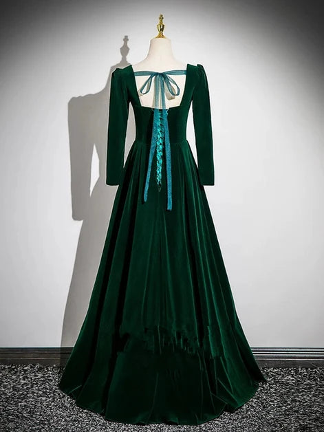 Forest Green Velvet A-Line Square Neck Lace-Up Back Floor-Length Dress