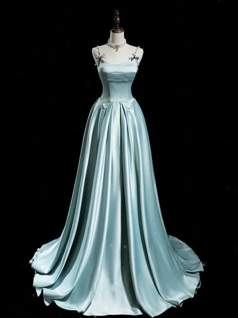 Sky Blue Satin A-Line Scoop Neck Zipper Back Floor Length Dress