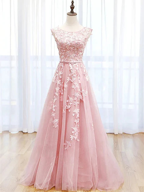 Blushing Pink Tulle & Lace A-Line Scoop Neck V-Back Floor-Length Dress