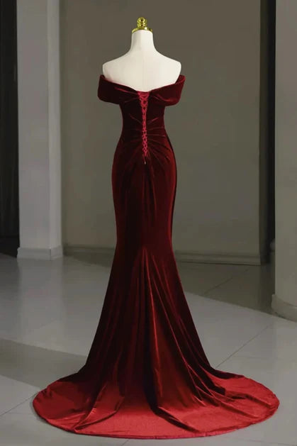Burgundy Velvet Mermaid Off-the-Shoulder Lace-Up Back Floor-Length Dress
