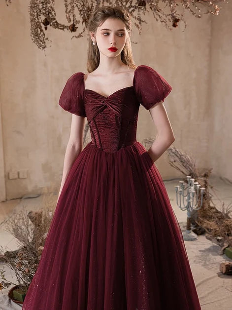 Burgundy Glitter Tulle A-Line Sweetheart Lace-Up Back Floor-Length Dress