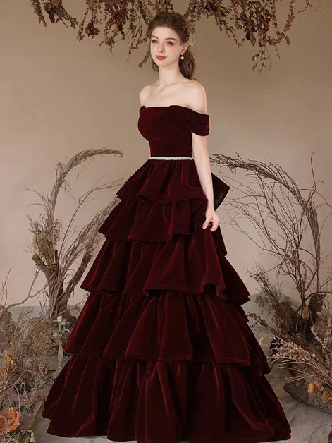 Burgundy Velvet Tiered Off-the-Shoulder Lace-Up Back Floor-Length Dress