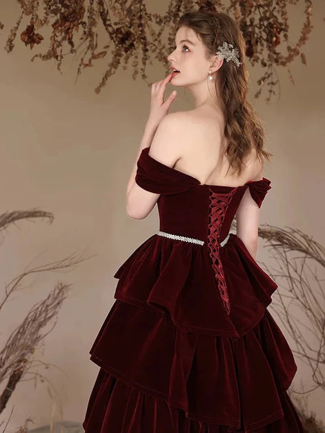 Burgundy Velvet Tiered Off-the-Shoulder Lace-Up Back Floor-Length Dress