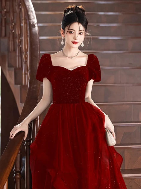 Burgundy Glitter Tulle & Velvet A-Line Sweetheart Zipper-Back Floor-Length Dress