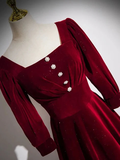 Burgundy Glitter Velvet A-Line Square Neck Lace-Up Back Floor-Length Dress