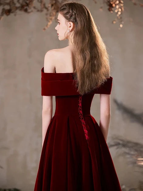 Burgundy Velvet A-Line Off-the-Shoulder Lace-up Back Floor-Length Dress