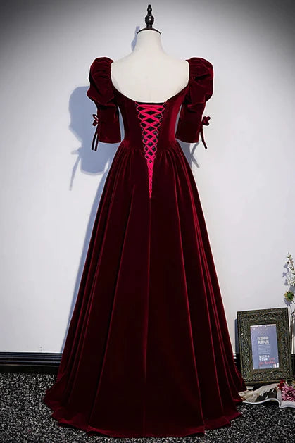 Burgundy Velvet A-Line Sweetheart Lace-Up Back Floor-Length Dress