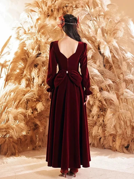 Burgundy Velvet A-Line Sweetheart V-Back Ankle-Length Dress