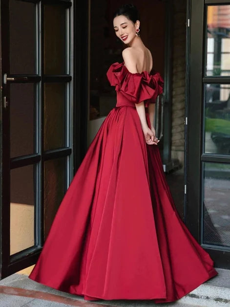 Burgundy Satin A-Line Off-the-Shoulder Low-Back Floor-Length Dress