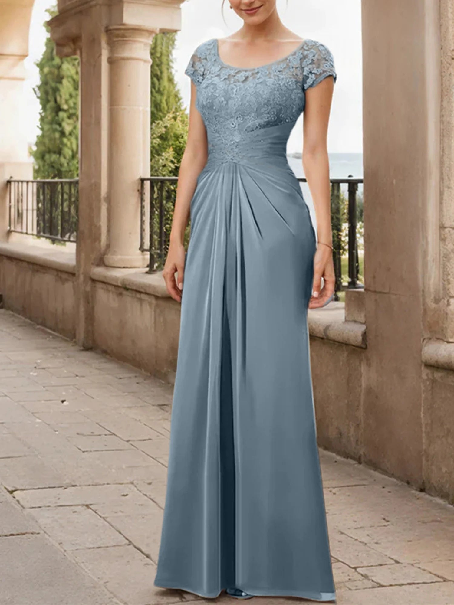 Sheath Scoop Floor-Length Chiffon Mother Of The Bride Dresses With Lace Ruffle