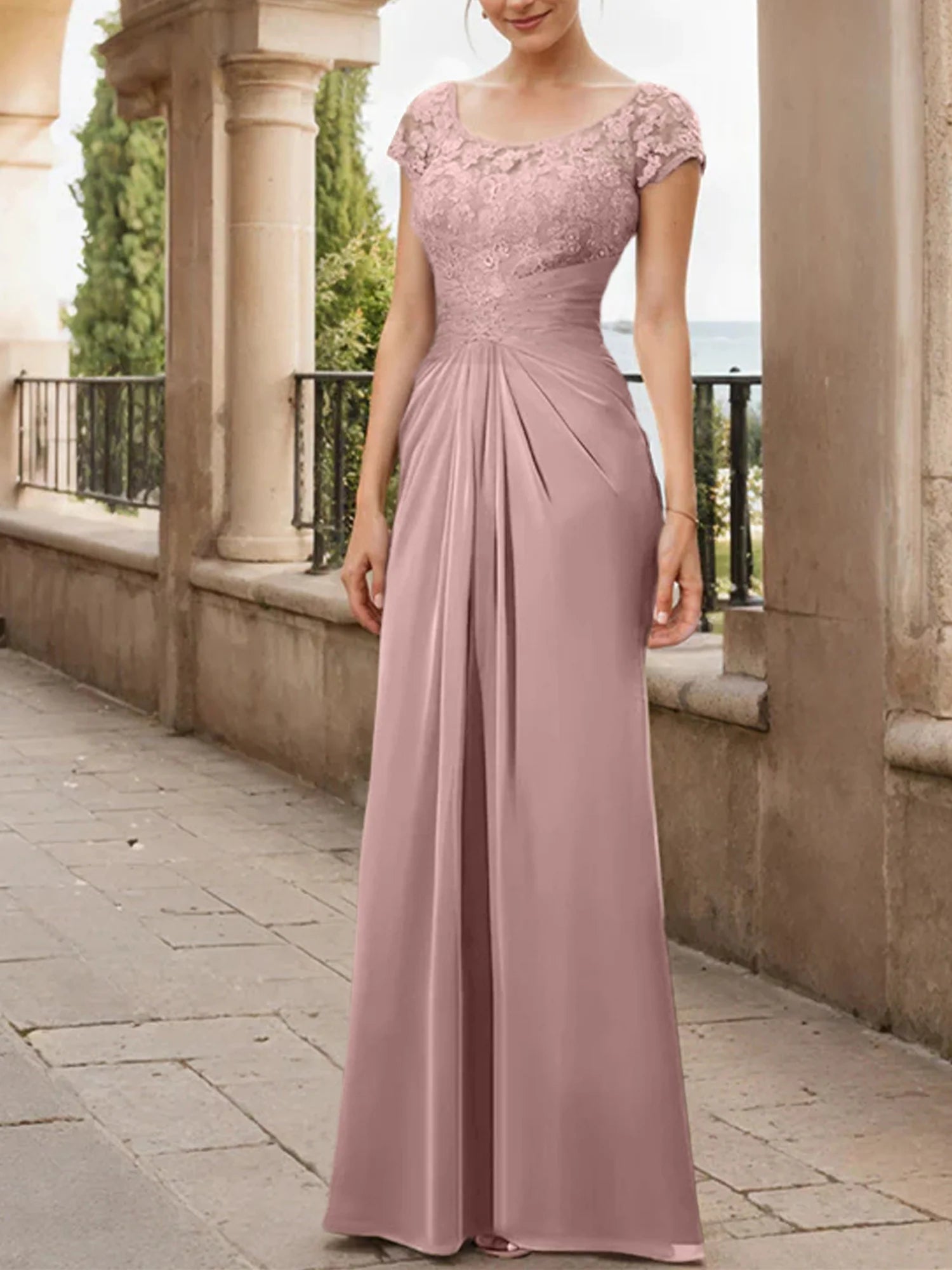 Sheath Scoop Floor-Length Chiffon Mother Of The Bride Dresses With Lace Ruffle