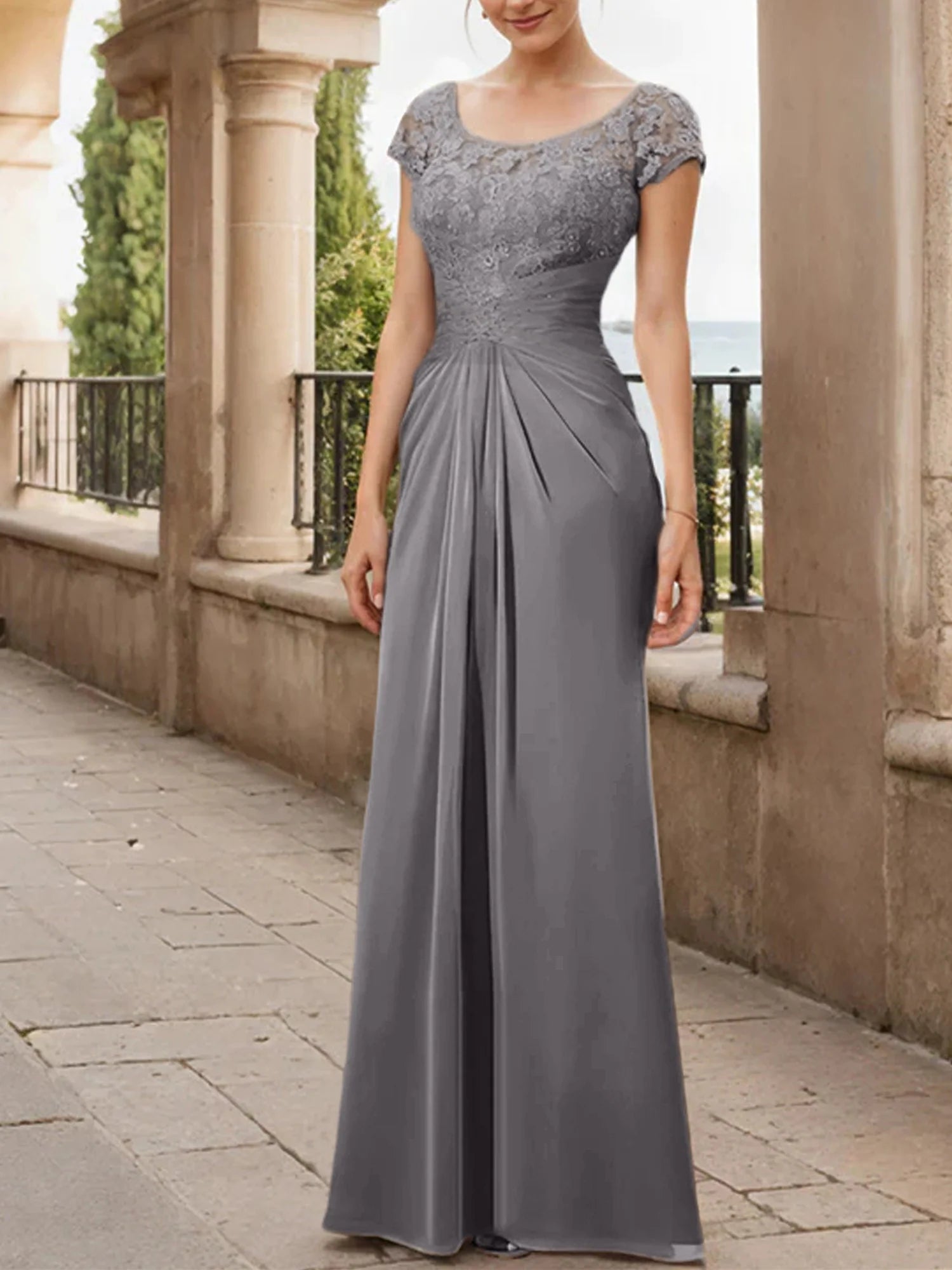 Sheath Scoop Floor-Length Chiffon Mother Of The Bride Dresses With Lace Ruffle
