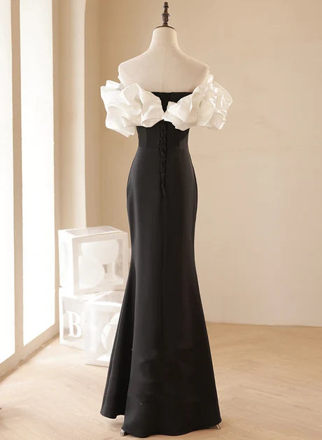 Black & White Satin Mermaid Off-the-Shoulder Lace-up Floor-Length Dress