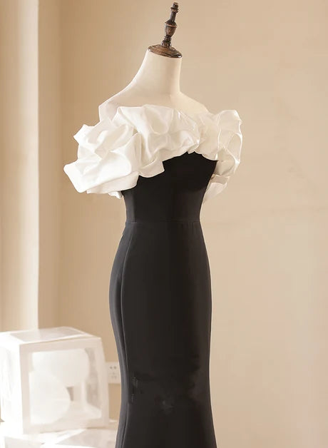 Black & White Satin Mermaid Off-the-Shoulder Lace-up Floor-Length Dress