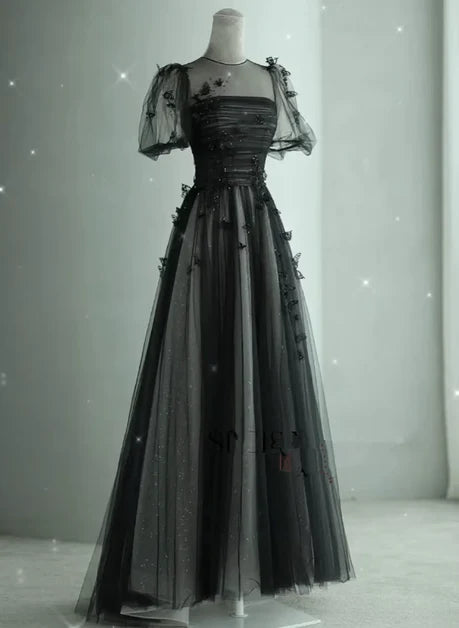 Black Tulle A-Line Illusion Neck Keyhole Back Floor-Length Dress