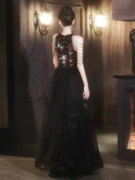 Black Sequin Sheath Keyhole Neck High Back Floor-Length Dress