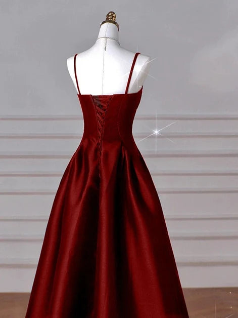 Burgundy Satin A-Line Sweetheart Lace-Up Back Floor-Length Dress