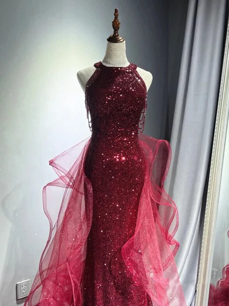 Burgundy Sequin & Glitter Tulle Mermaid Halter High Back Floor-Length Dress