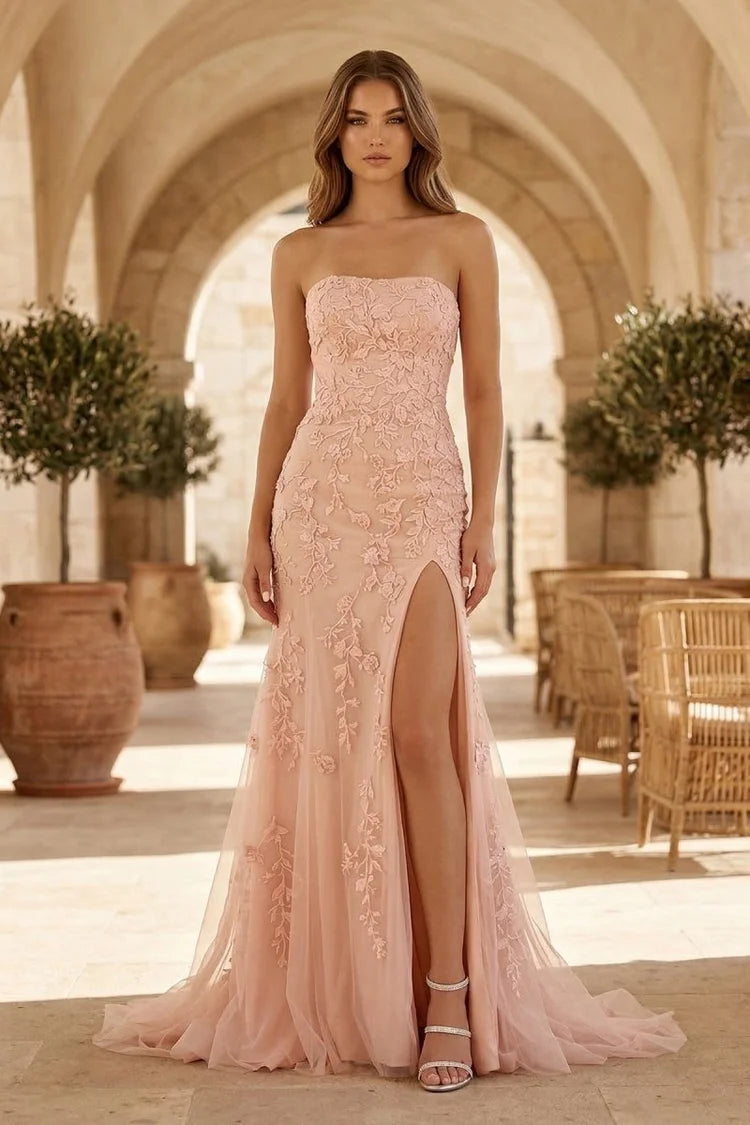 Blushing Pink Tulle & Lace A-Line Straight Across Floor-Length Dress