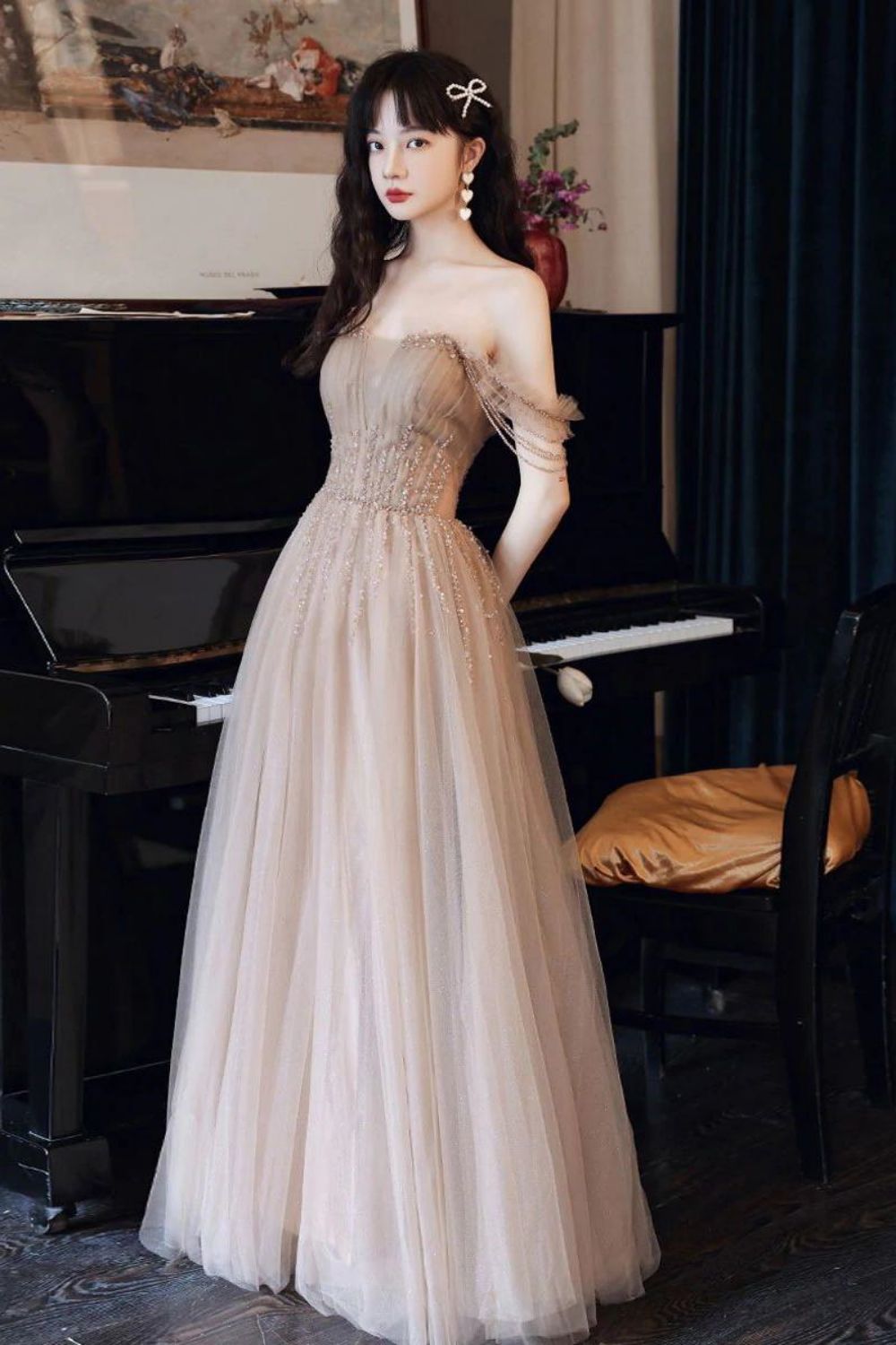 Weitese Elegant A Line Off the Shoulder Champagne Floor Length Formal Dress