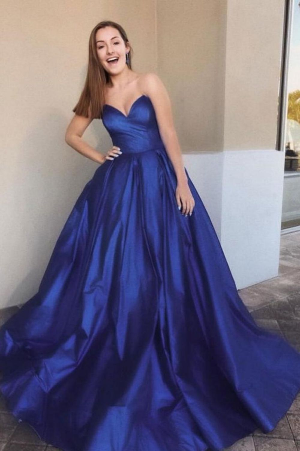 Weitese Princess A Line Sweetheart Navy Blue Long Prom Dress