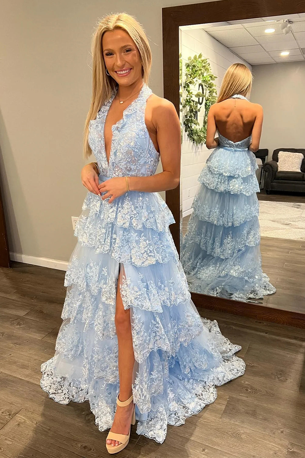 Weitese Sparkly Light Blue A-Line Halter Backless Long Tiered Prom Dress With Slit