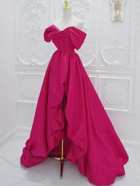 Fuchsia Satin A-Line Off-the-Shoulder Low-Back High-Low Dress