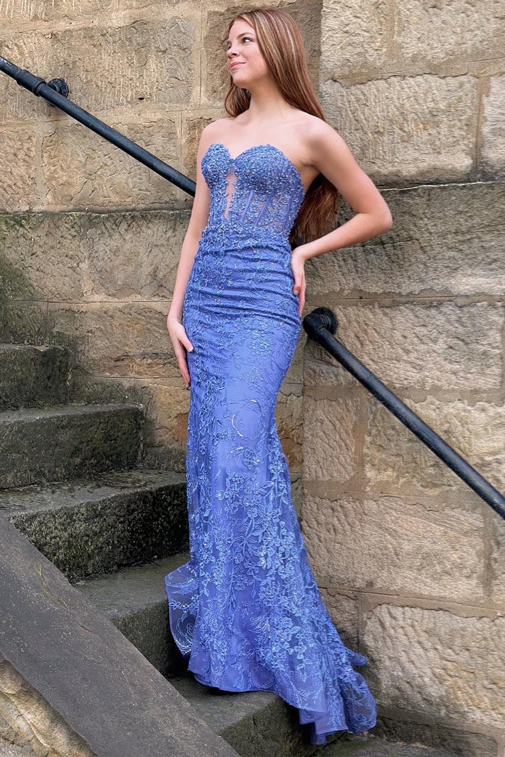 Weitese Glitter Blue Mermaid Sweetheart Long Prom Dress with Appliques