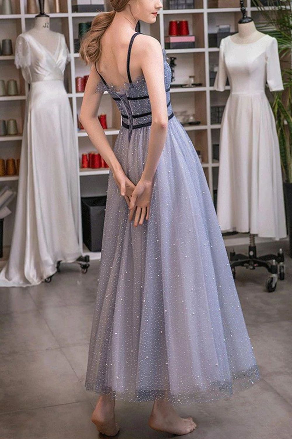 Weitese Charming A Line Spaghetti Straps Purple Long Prom Dress with Beading