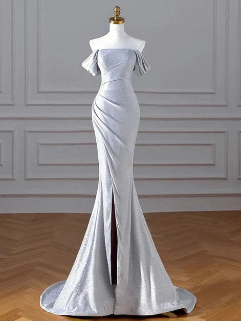 Silver Glitter Fabric Mermaid Off-the-Shoulder Lace-Up Back Floor-Length Dress