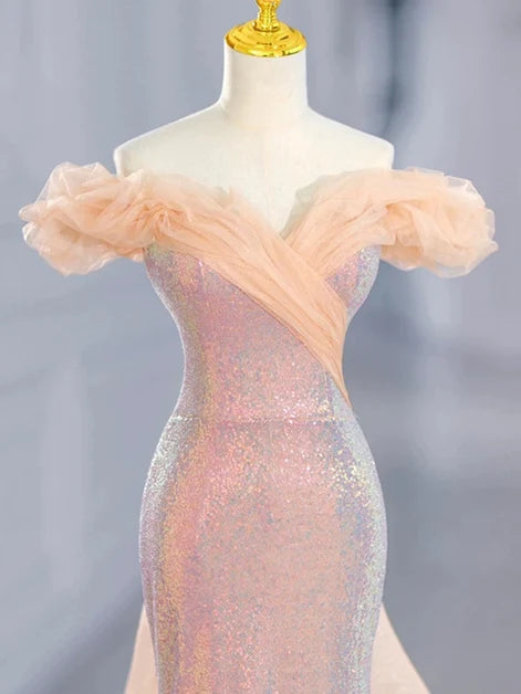 Blushing Pink Sequin and Tulle Mermaid Off-the-Shoulder Floor-Length Dress