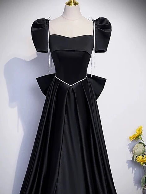 Black Satin A-Line Square Neck Lace-Up Back Floor-Length Dress