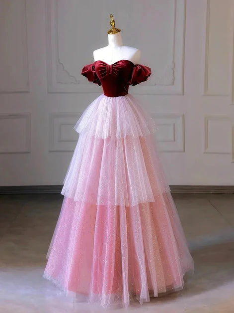 Burgundy and Pink Velvet & Glitter Tulle Ball Gown Sweetheart Floor-Length Dress