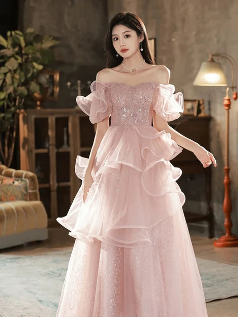 Blushing Pink Glitter Tulle & Sequins A-Line Off-the-Shoulder Floor-Length Dress