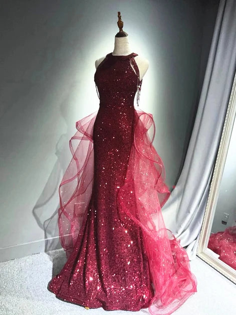 Burgundy Sequin & Glitter Tulle Mermaid Halter High Back Floor-Length Dress