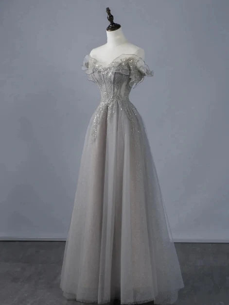 Grey Tulle A-Line Off-the-Shoulder Zipper Back Floor-Length Dress