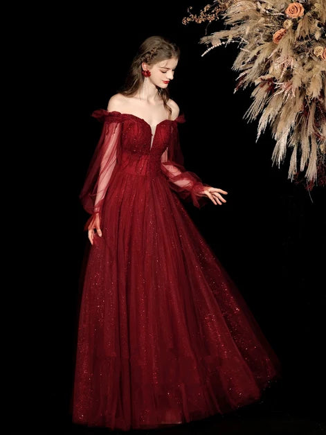 Burgundy Glitter Tulle & Sequins A-Line Off-the-Shoulder Floor-Length Dress
