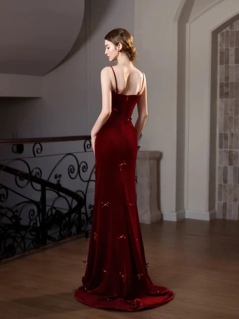 Burgundy Velvet Mermaid Cowl Neck Zipper Back Floor-Length Dress