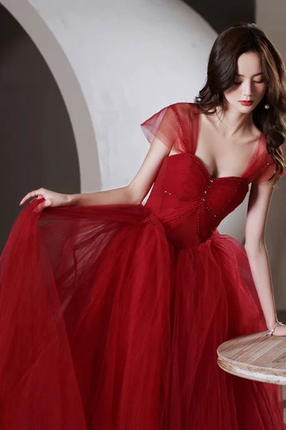 Romantic A-line Off Shoulder Short Sleeve Lace Up Back Long Prom Dress