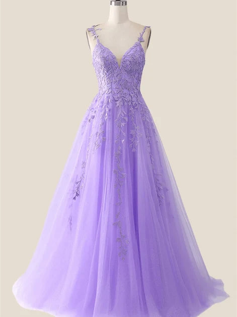 Lavender Tulle with Lace Appliques A-Line V-Neck Lace-Up Back Floor-Length Dress