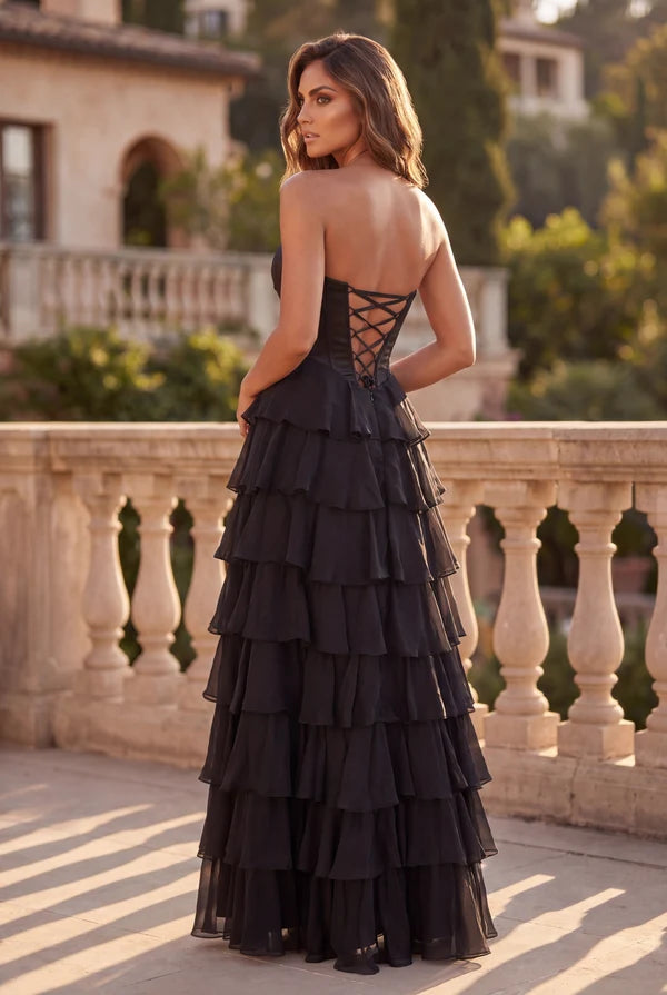Black A-line Sweetheart Strapless Corset Back Tiered Prom Gown