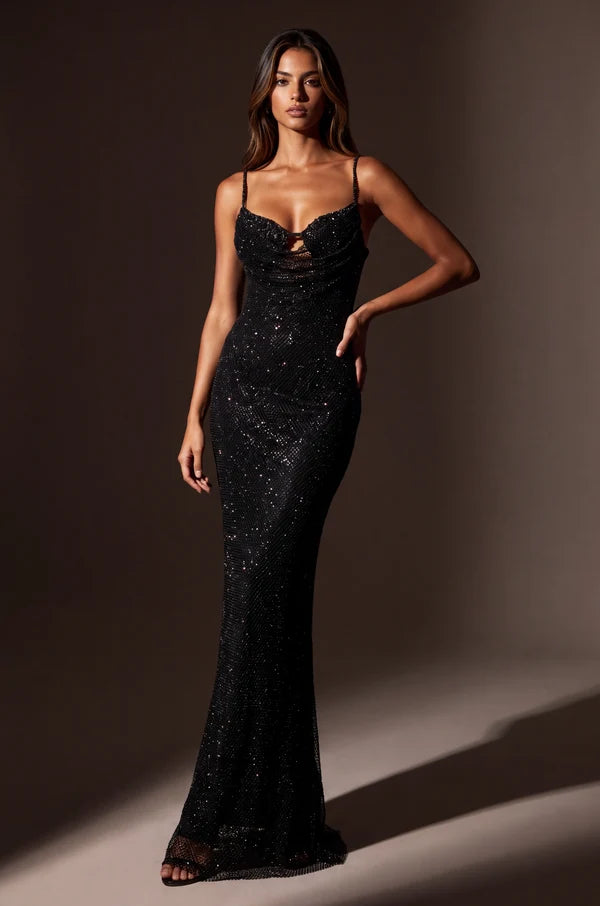Black Mermaid Cowl Neck Spaghetti Straps Open Back Prom Gown