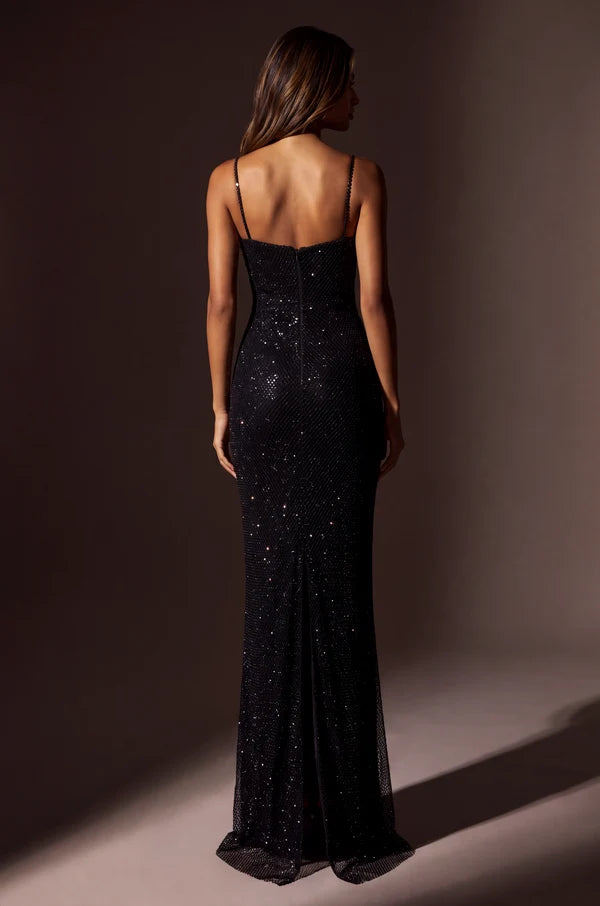 Black Mermaid Cowl Neck Spaghetti Straps Open Back Prom Gown
