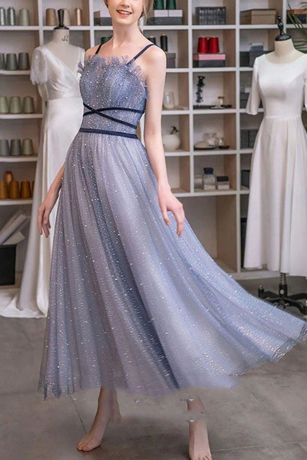 Weitese Charming A Line Spaghetti Straps Purple Long Prom Dress with Beading