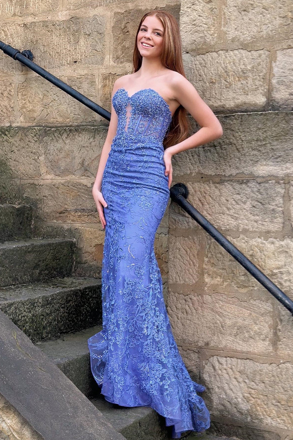 Weitese Glitter Blue Mermaid Sweetheart Long Prom Dress with Appliques