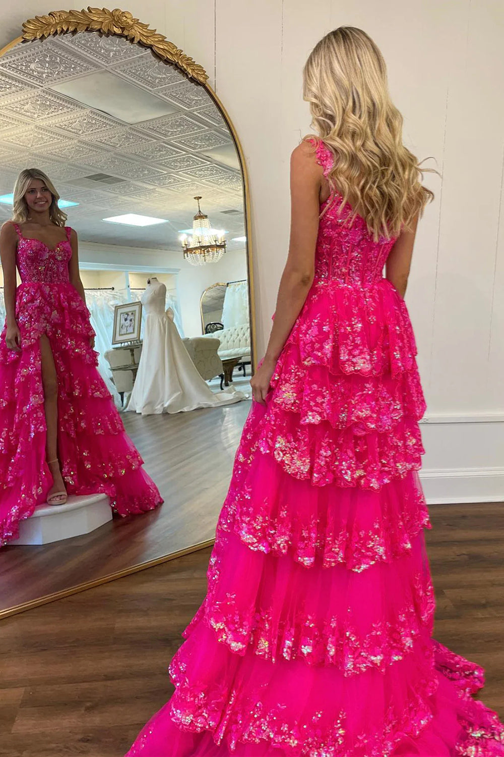 Weitese Sparkly Hot Pink A-Line Off The Shoulder Long Tiered Prom Dress With Appliques
