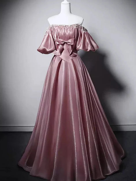 Dusty Rose Shimmer Satin A-Line Off-the-Shoulder Lace-Up Back Floor-Length Dress