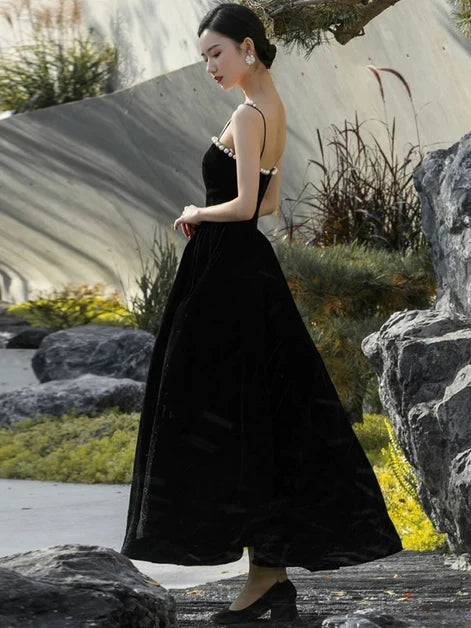 Black Velvet A-Line Straight Across Zipper Back Ankle Length Dress