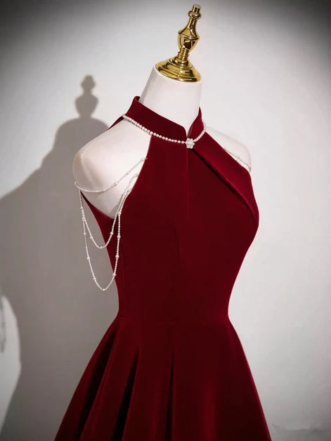 Burgundy Velvet A-Line Halter Zipper Back Floor-Length Dress