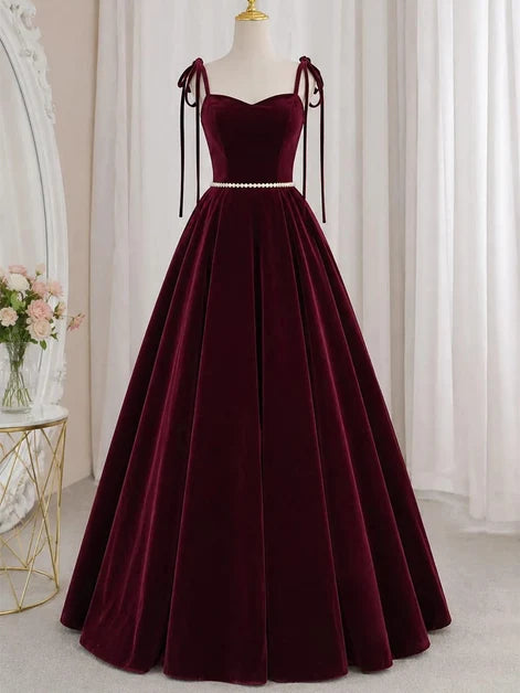 Burgundy Velvet A-Line Sweetheart Lace-Up Back Floor-Length Dress